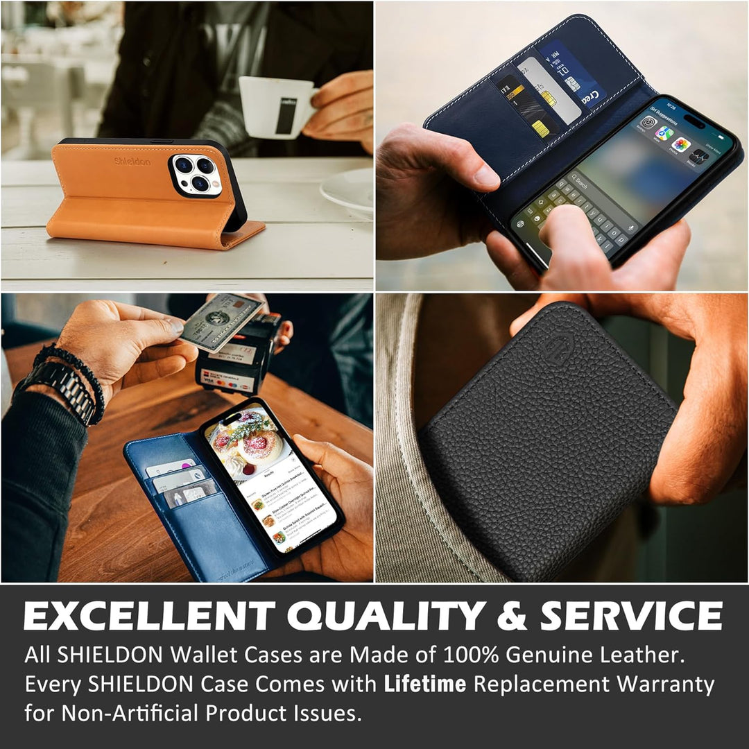 SHIELDON Hülle für iPhone 15 Pro Max, Handyhülle [Kartenfächer] [Echtes Rindsleder] [Standfunktion]