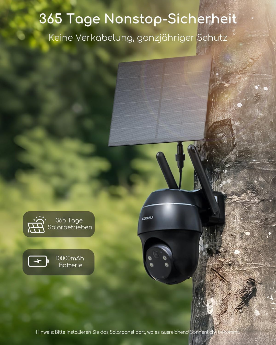 COOAU 24/7 Aufzeichnung AOV 4G LTE Solar Überwachungskamera Aussen mit SIM Karte, 2K PTZ Kamera Über