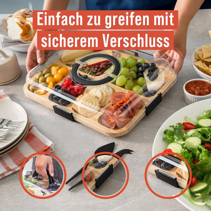 Chef Pomodoro Käsebrett mit Deckel, 36,7 cm, Rechteckig | Tragbar, mit 6 Fächern, Ideal für Käse und