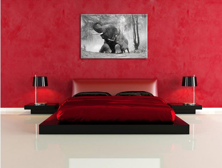 Pixxprint EIN Mönch mit Elefanten im Wald Kunst Kohle Effekt, Format: 100x70 auf Leinwand, XXL riesi