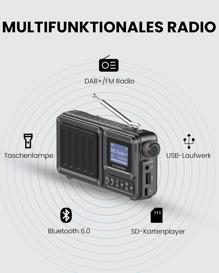 Avantree SP851 – Tragbares DAB+/FM Digital Radio mit Bluetooth 6.0, Wiederaufladbar & Akkubetrieb, 5