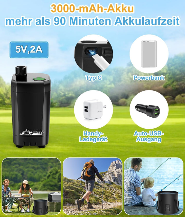 WADEO Tragbare Campingdusche Akku mit Pumpe und Eimer, Camping Dusche Outdoor mit wiederaufladbarem