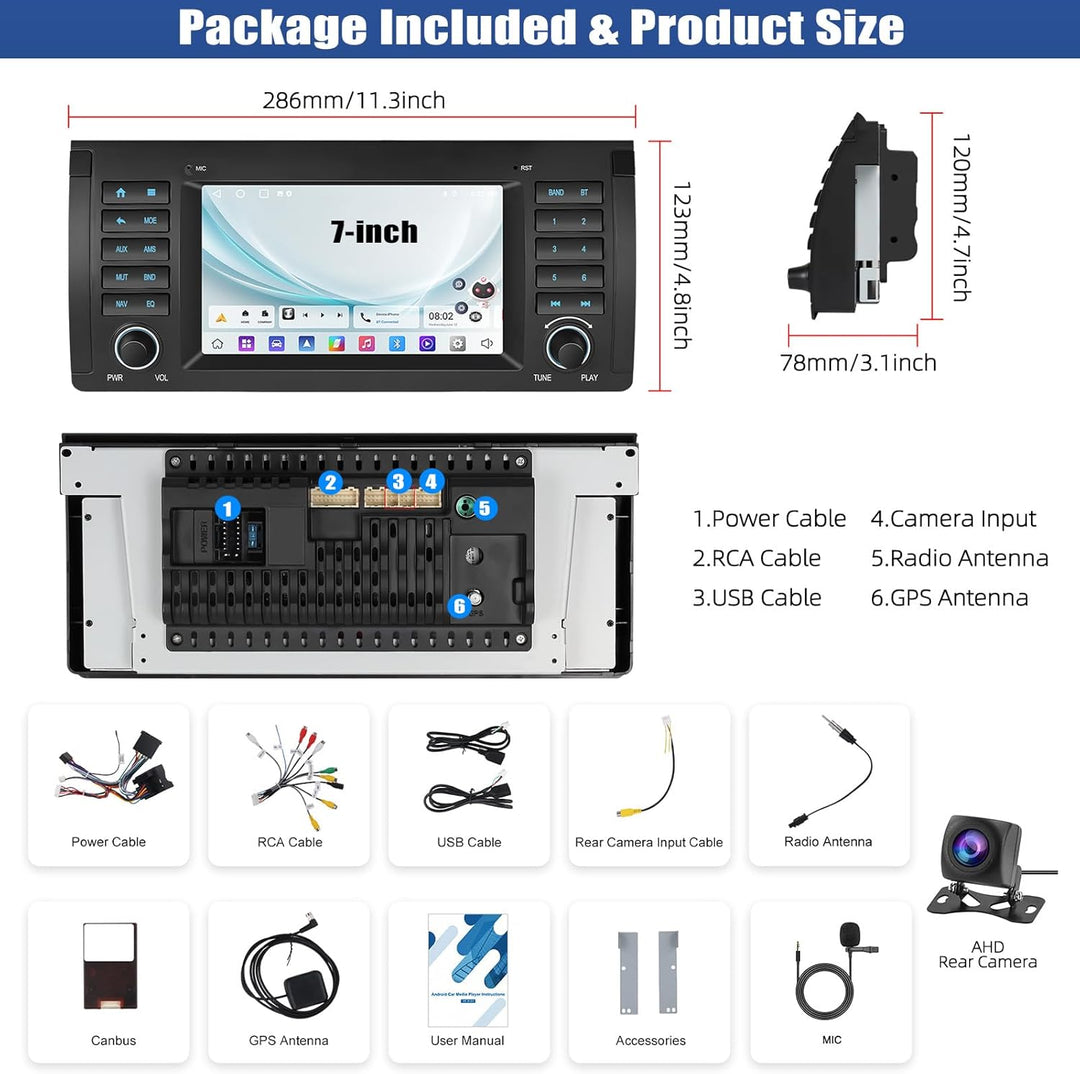 CAMECHO 2+64G Autoradio 7 Zoll Navi für BMW E39 E53 M5 X5 mit Rückfahrkamera, Android 13 Wireless Ca