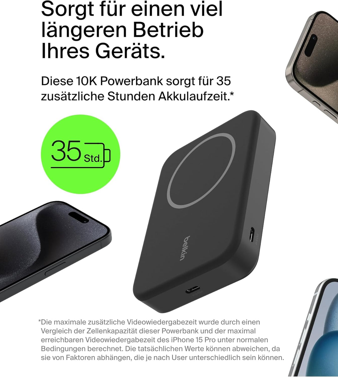 Belkin BoostCharge Pro Kabellose Powerbank 10000mAh mit Qi2, MagSafe-Kompatibles Tragbares Ladegerät
