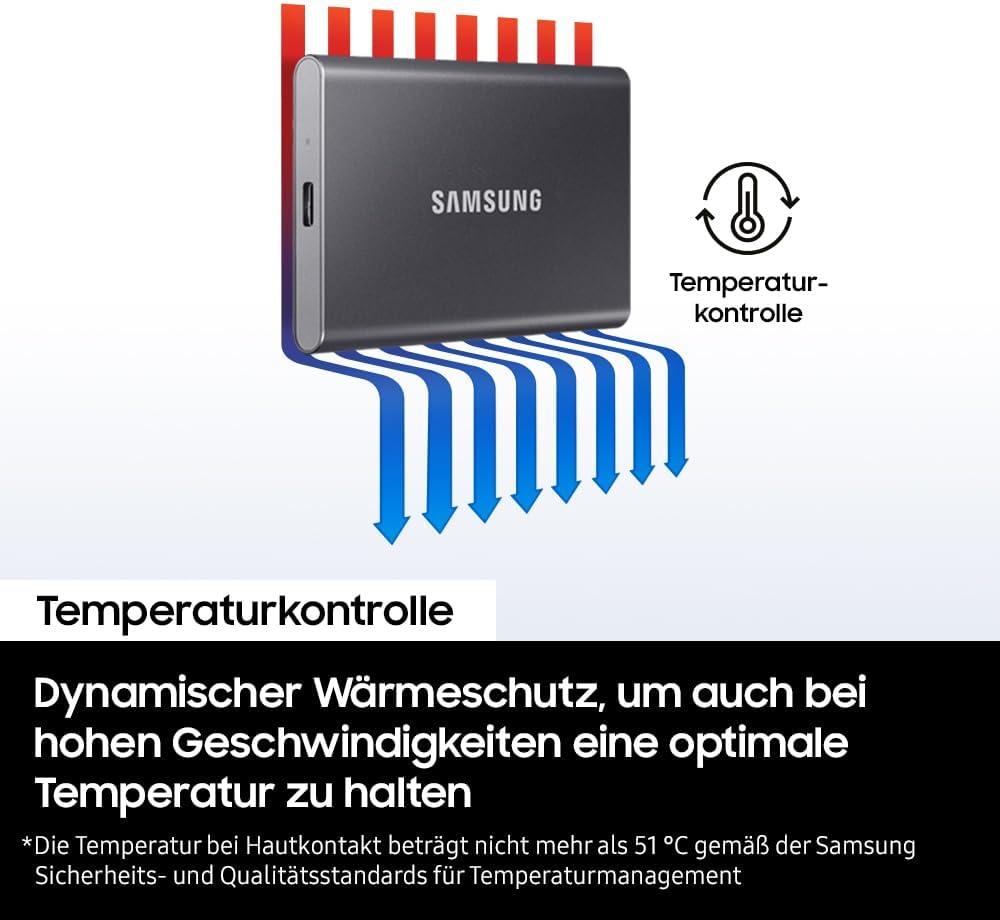 Samsung Portable SSD T7, 2 TB, USB 3.2 Gen.2, 1.050 MB/s Lesen, 1.000 MB/s Schreiben, Externe SSD Fe