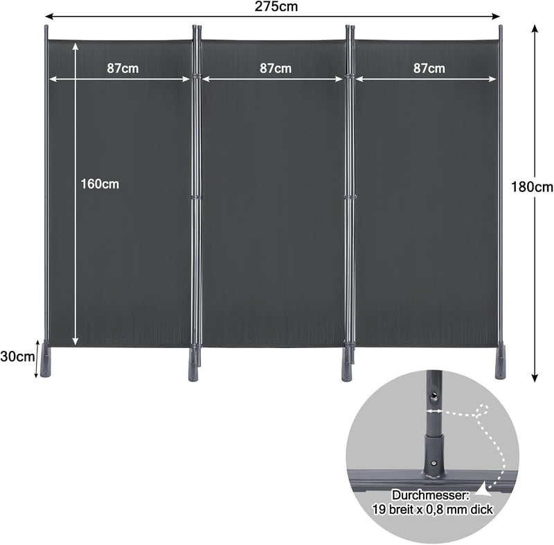 JOIEYOU Paravent Outdoor Sichtschutz Trennwand 3 Teilig 275x180cm Raumtrenner mit Flache Füsse,Anti-