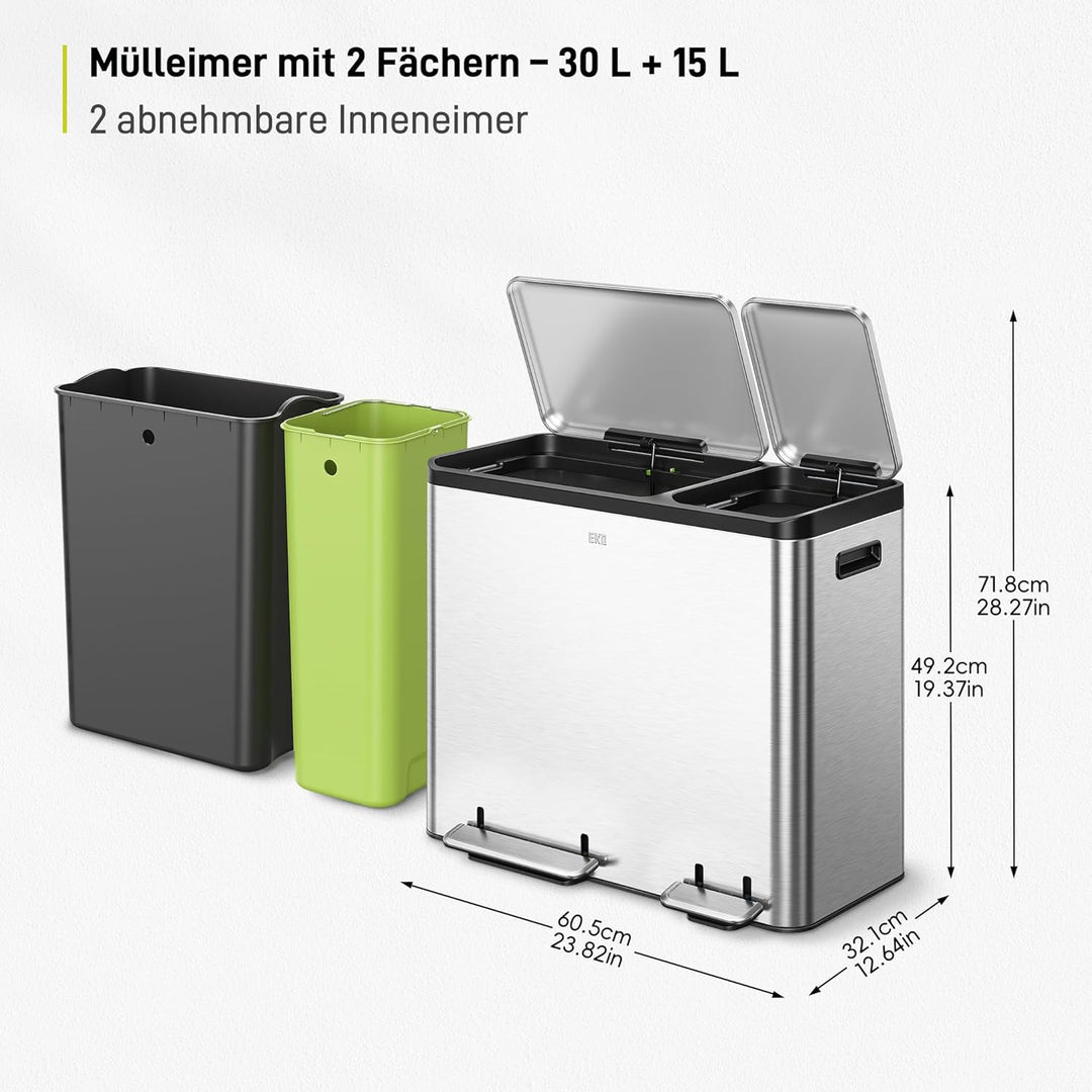 EKO Ecocasa Mülleimer Küche, 30 + 15 Liter, Tretmülleimer Mülleimer 2 Fächer, sanftem Schliessen und
