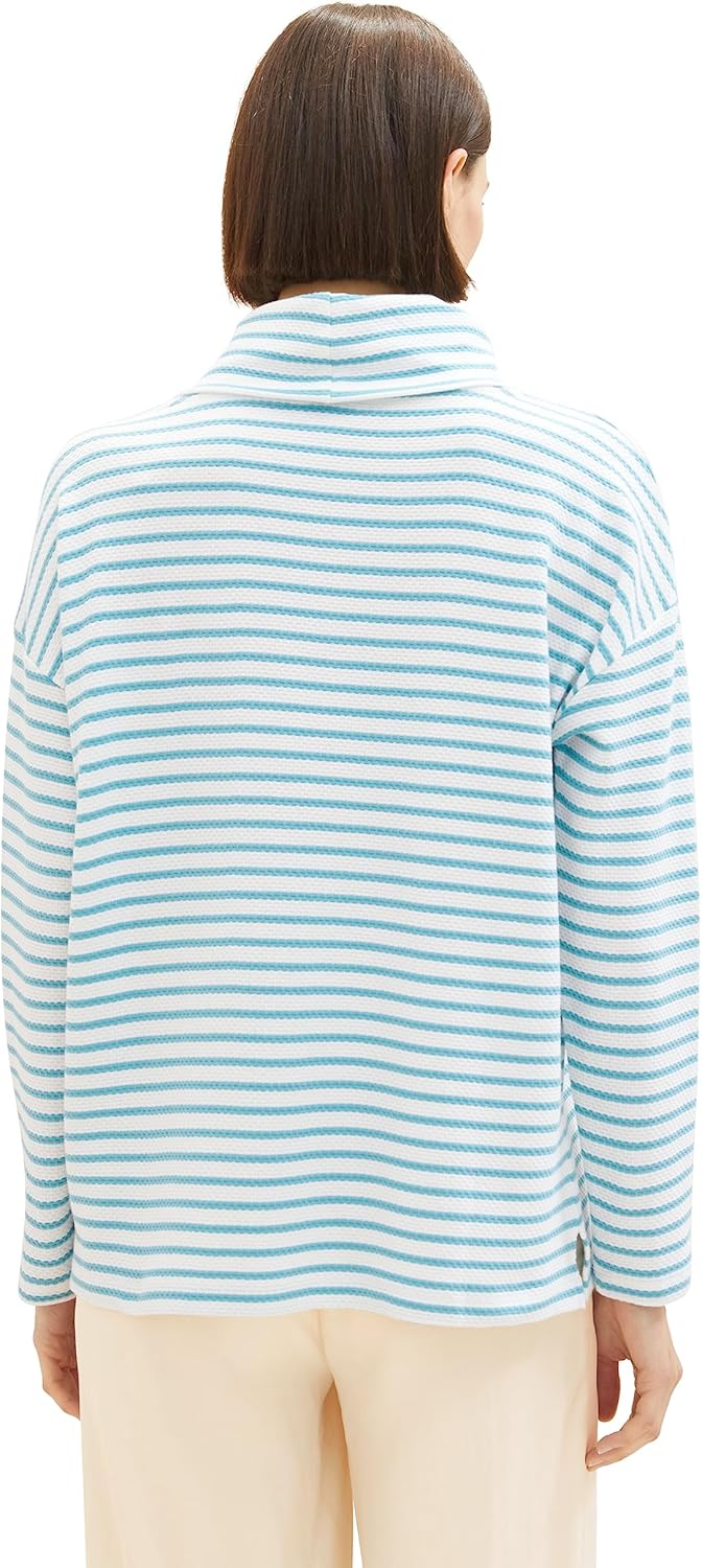 TOM TAILOR Damen Sweatshirt mit Schalkragen XL 34069 - Offwhite Teal Stripe, XL 34069 - Offwhite Tea