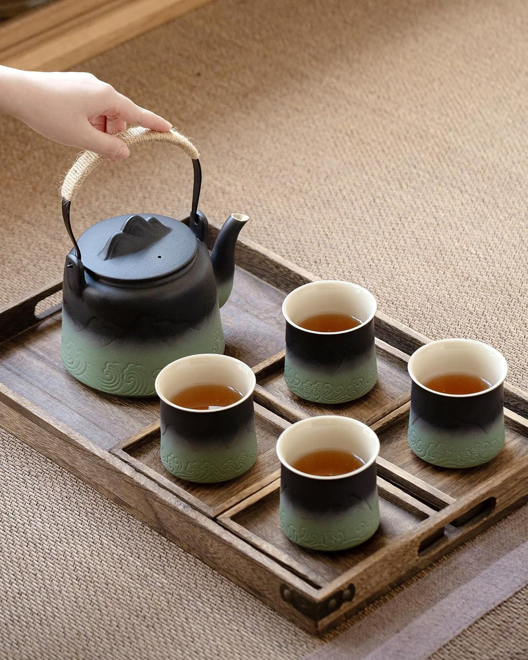 ZENS Japanische Teekanne Keramik Mit 4 Tassen, Teeservice für Losen Tee | Matte Geprägtem Teekanne J