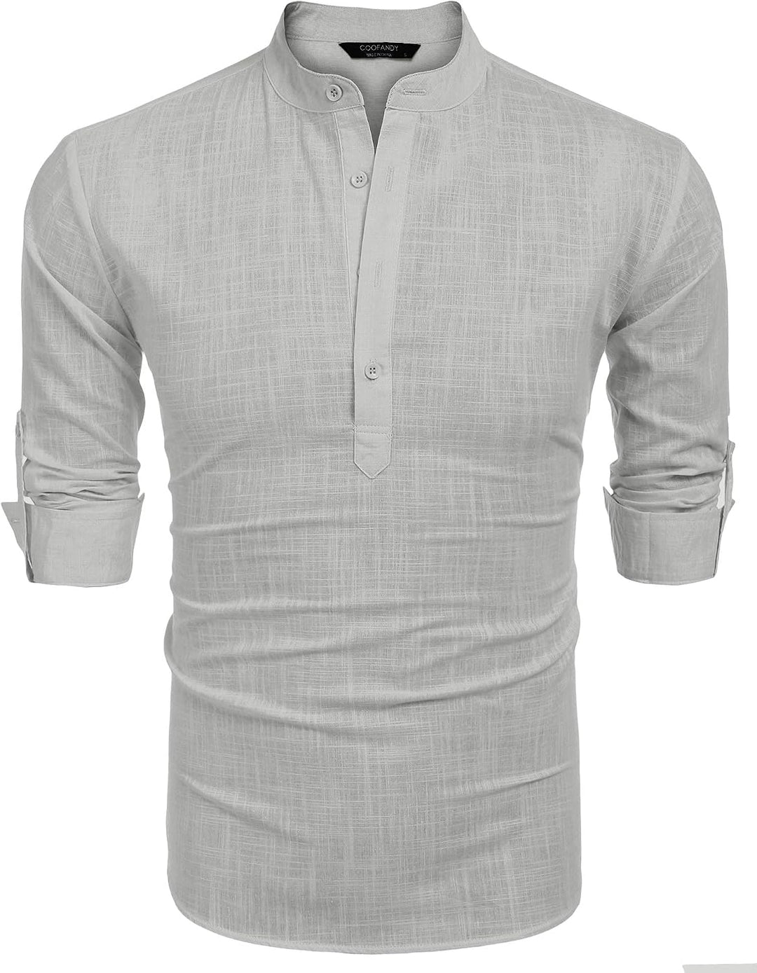 COOFANDY Hemd Herren Langarm Leinenhemd Baumwolle Henley Shirt Casual Regular Fit Sommerhemd M Grau,