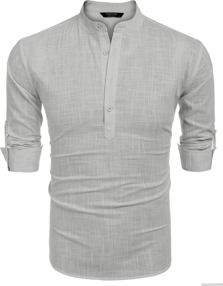 COOFANDY Herren Hemd Langarm Henley Shirt Leinenhemd Baumwolle Casual Regular Fit Sommerhemd Grau XL