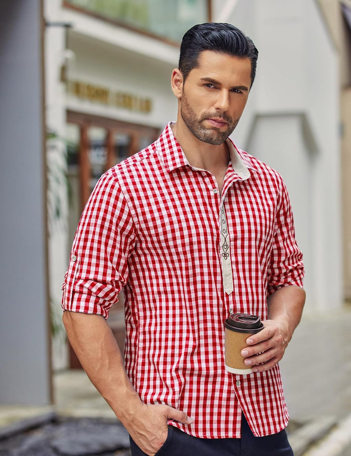 COOFANDY Herren Langarm Trachtenhemd Karriert Oktoberfest Hemd Regular Fit Karohemd Freizeithemd Pla