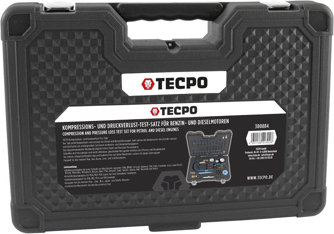 TECPO Profi Kompressionstester Druckverlust Tester Motoren Prüfer kompatibel mit Diesel- und Benzinm
