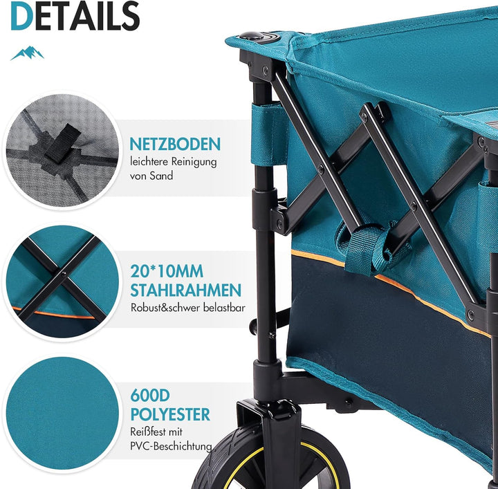 Portal Bollerwagen faltbar XXL Grosse Ladefläche 120kg belastbar Handwagen mit Getränkehalter Seiten