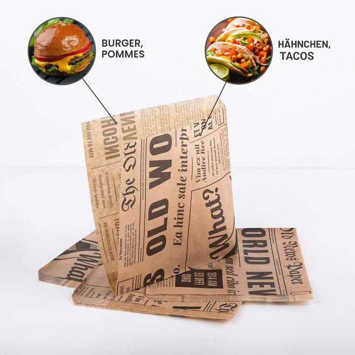 Oldnews Lebensmitteltüten, Speisetüten, Partytüten aus Papier, 150 x 150 mm, für Burger und Pommes (