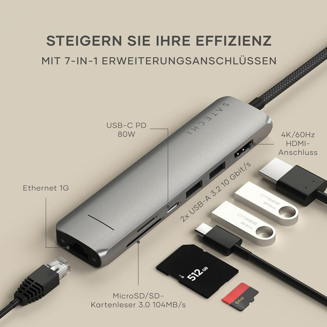 SATECHI 7-in-1 USB-C Hub Slim Plus, Multiport-Adapter mit 4K HDMI, 100W Power Delivery, 2X USB-A, Et