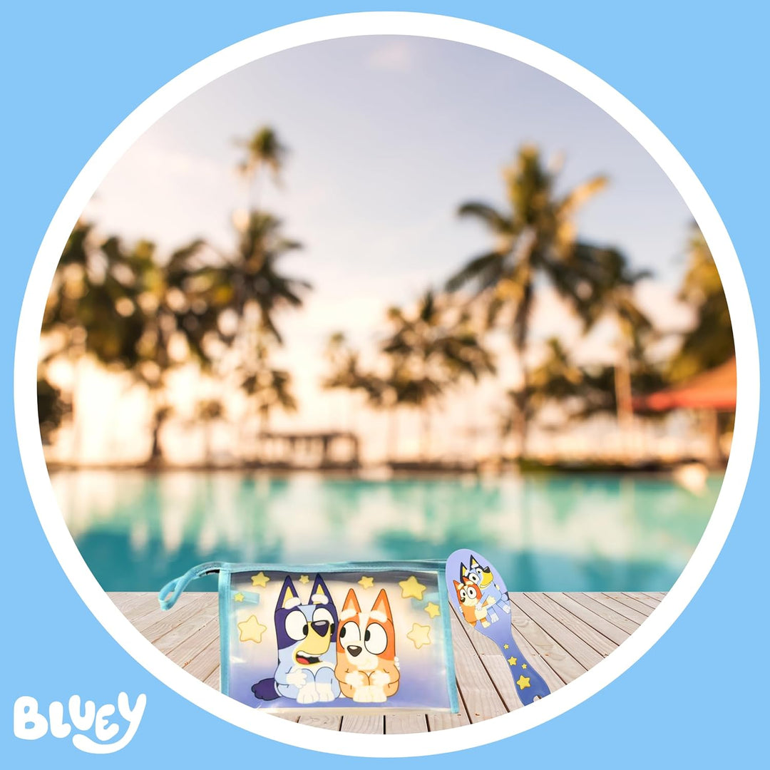 Bluey Kulturbeutel für Kinder, Design Bluey und Bingo Inklusive Haarbürste, Handtuch, Geldbörse, PVC