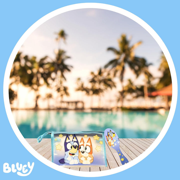 Bluey Kulturbeutel für Kinder, Design Bluey und Bingo Inklusive Haarbürste, Handtuch, Geldbörse, PVC