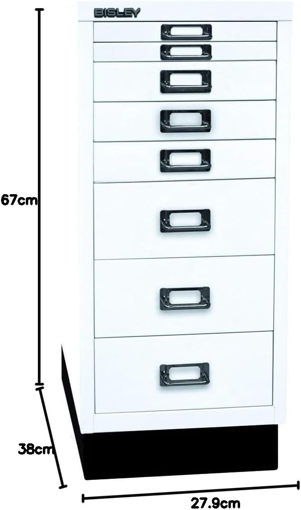 BISLEY MultiDrawer, 29er Serie mit Sockel, DIN A4, 8 Schubladen, Metall, 696 Verkehrsweiss, 38 x 27.