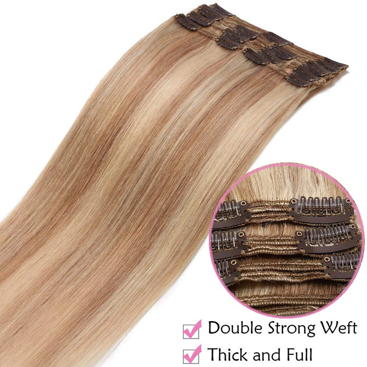 SEGO Clip in Extensions Echthaar Haarverlängerung Haarteil Doppelt 8 Teile hitzebeständig glatt Honi