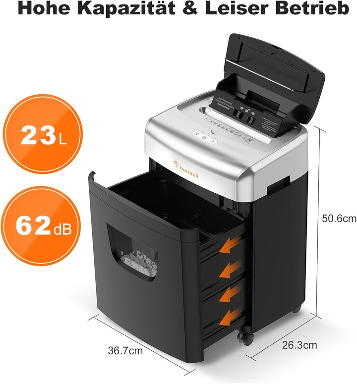 Bonsaii 120 Blatt Aktenvernichter mit Automatischem Einzug, P-4 Partikelschnitt, Extrem Leise mit 62