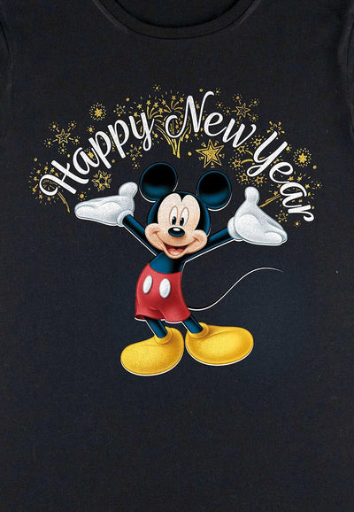 Disney Classics Damen Classic-Mickey Happy New Year Women's Organic Rolled Sleeve T-Shirt M Schwarz,