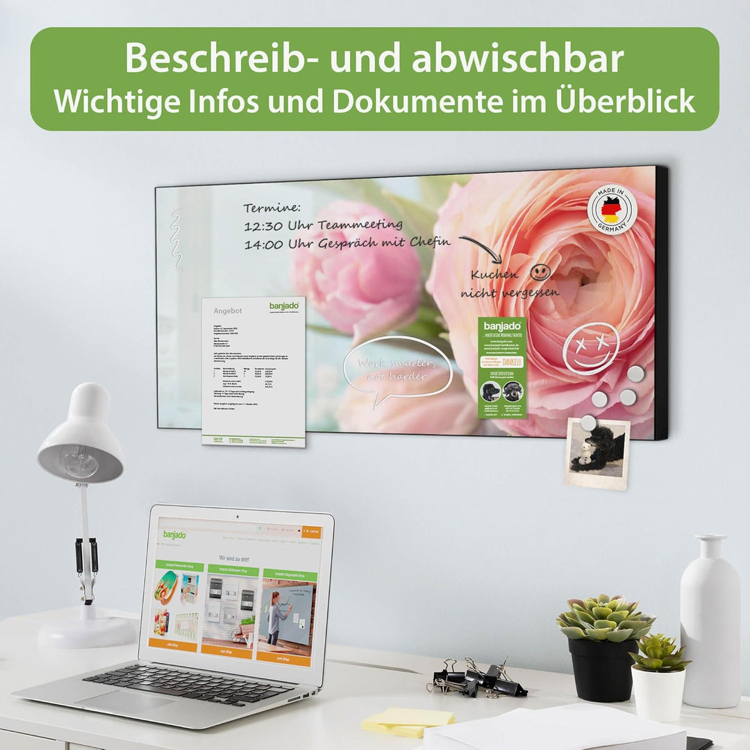 banjado Magnettafel schwarz 78 x 37cm / Magnetwand Metall/Magnetpinnwand als Memoboard/Pinnwand Magn