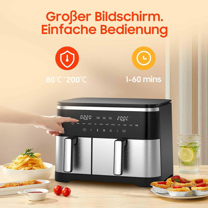 Heissluftfritteuse Doppelkammer XXL 11L - 2600W Airfryer mit 10 Programmen, 7/4L Fassungsvermögen, S