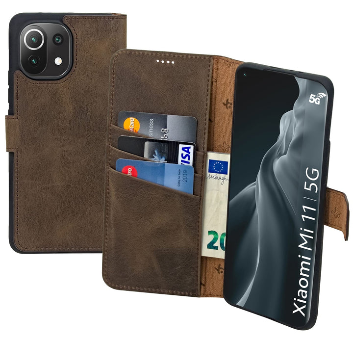 Suncase Book-Style Hülle kompatibel mit Xiaomi Mi 11 Leder Tasche (Slim-Fit) Lederhülle Handytasche