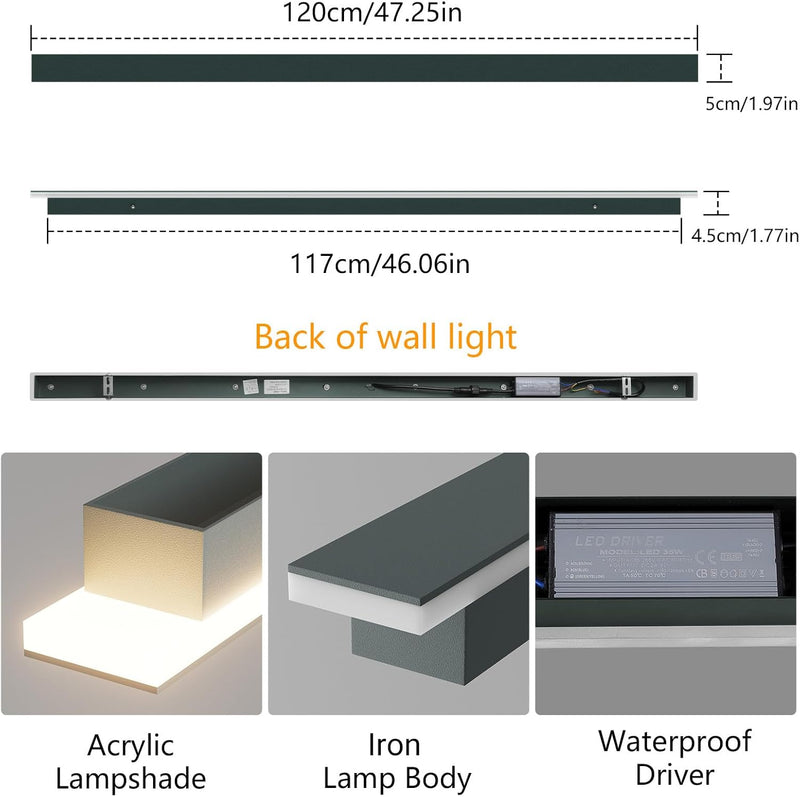 Klighten Lange Wandleuchte LED, Anthrazit Wandlampe Aussen/Innen IP65, 35W/120cm Aussenwandleuchten,