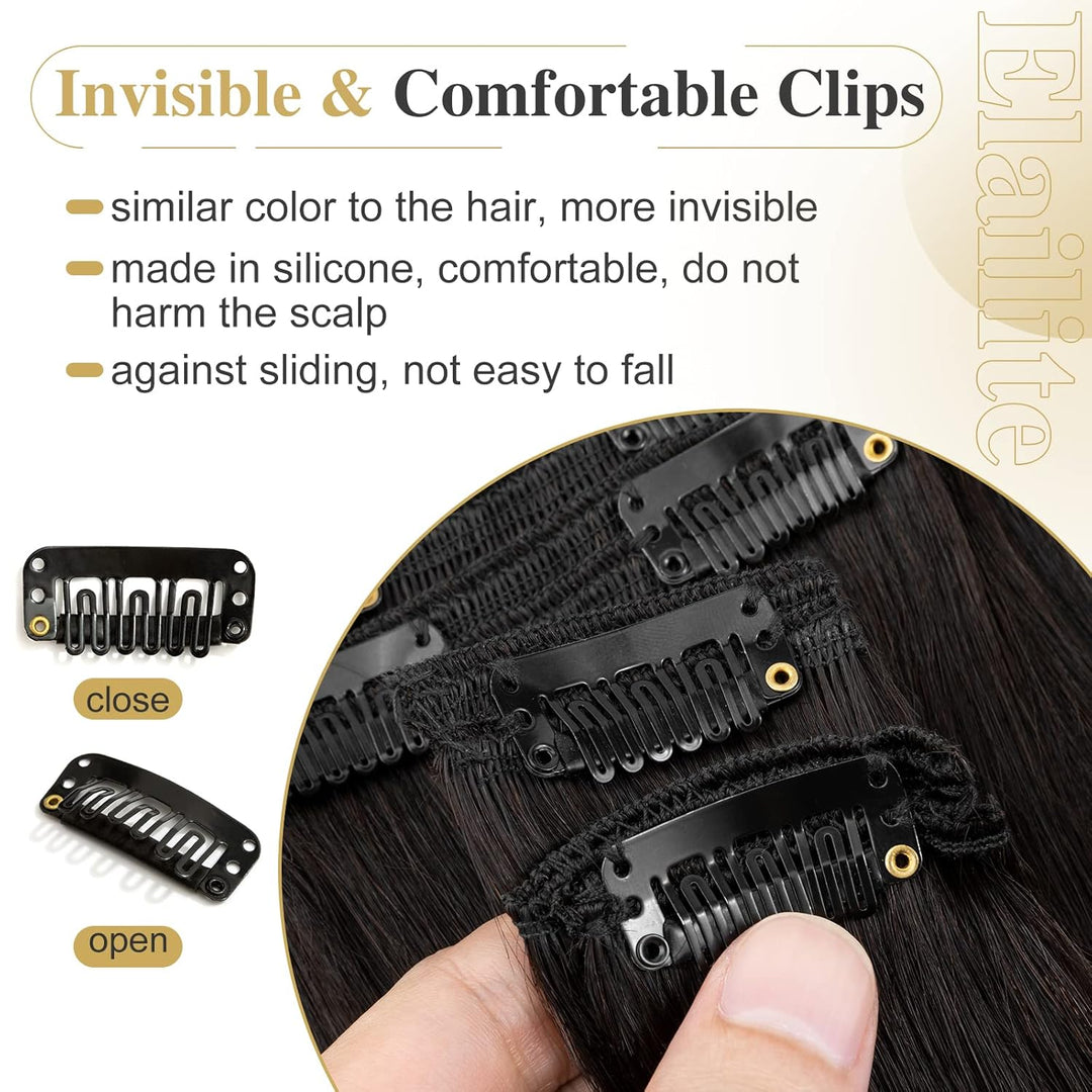 Elailite Extensions Echthaar Clip in 8 Tressen Voller Kopf #1B Naturschwarz Haarverlängerung Real Hu