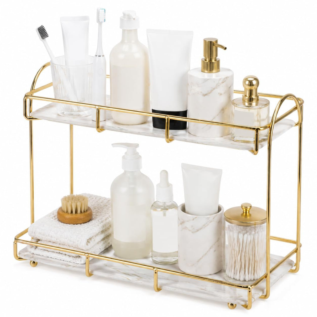 Bad-Organizer mit 2 Ebenen, Goldfarbenes Metall-Regal für Kosmetik &amp; Parfüm, Wasserdichtes Tablett f