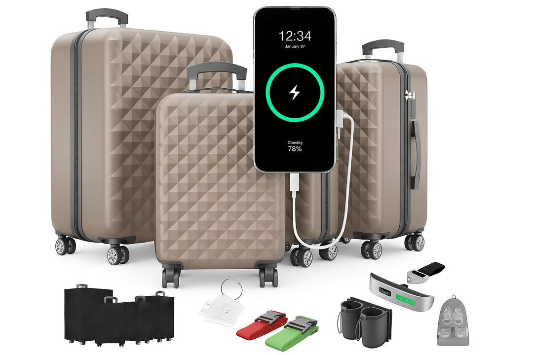 Premium Kofferset 4-TLG. – Hartschalenkoffer mit TSA-Lock, USB-Anschluss – 1x Kofferwaage, 2X Koffer