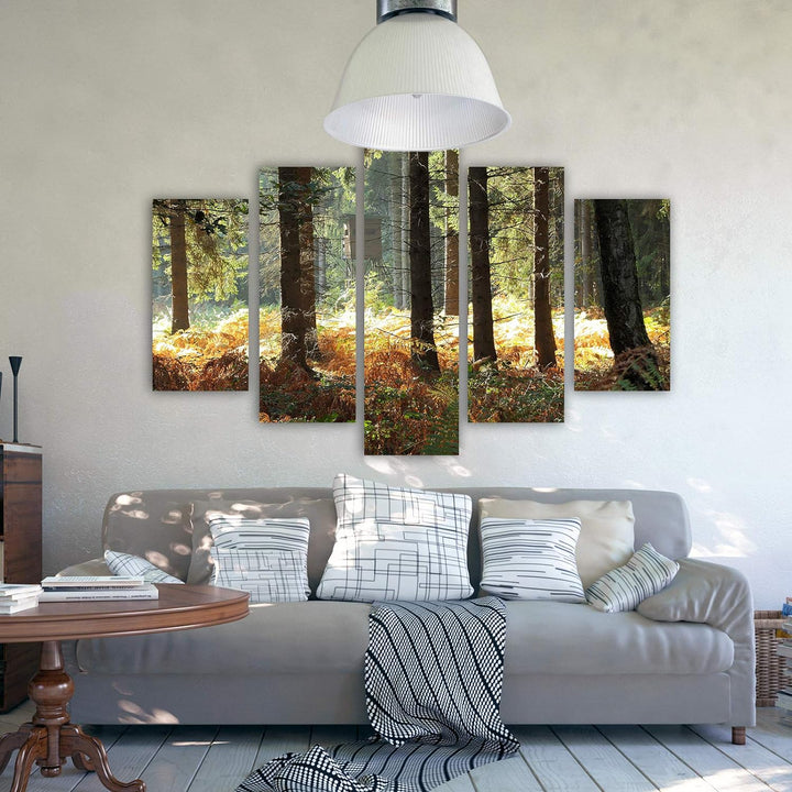 Feeby Wandbild XXL 5 Teilig Natur Leinwandbild Wald Bäume Landschaft bunt 300x140 cm Leinwandbild 30