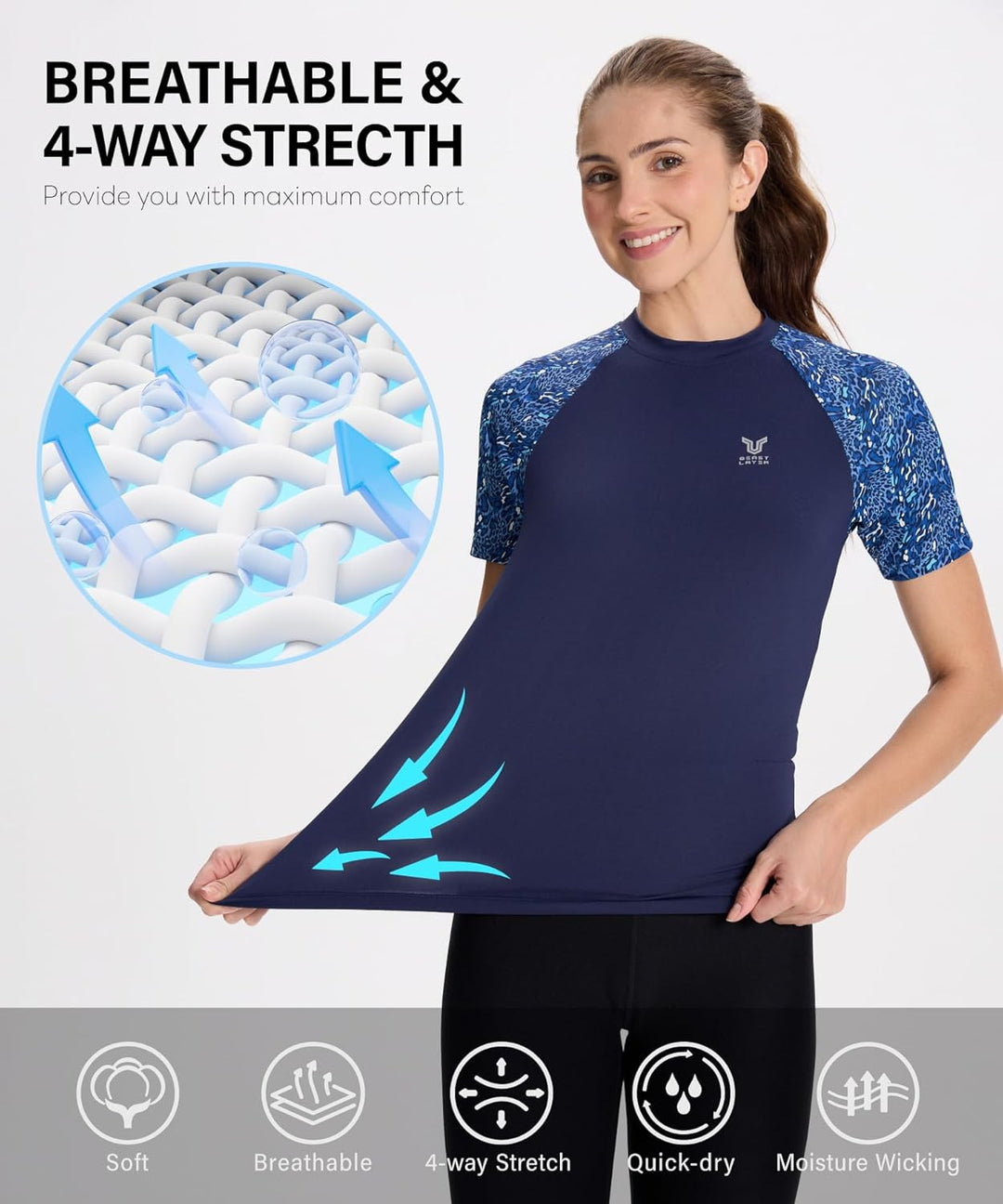 HUGE SPORTS Damen Rashguard Kurzarm Sonnenschutz Schwimmshirt Schnell Trocknend Surf Sport T-Shirt S