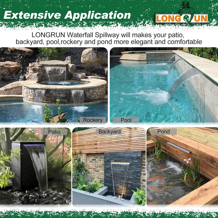 LONGRUN Edelstahl Wasserfall Überlauf, APP Kontrolle Multi-Farben LED-Licht Draussen Pool Brunnen, K