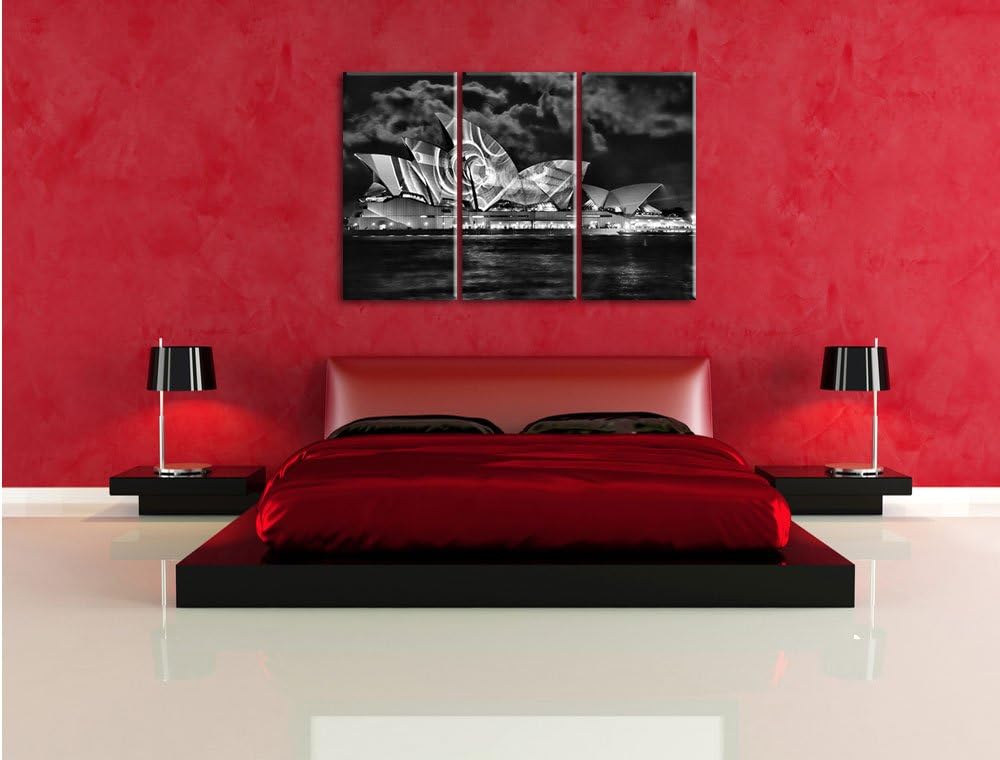 Pixxprint Monocrome, Sydney Opera House Lichter 3-Teiler Leinwandbild 120x80 Bild auf Leinwand