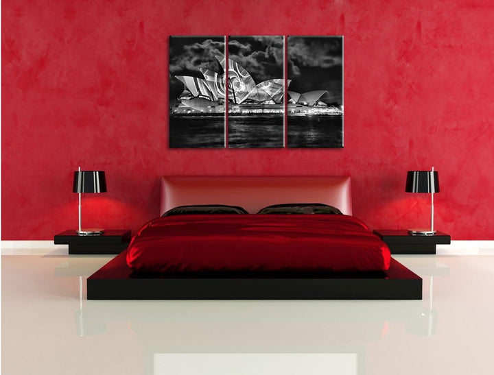 Pixxprint Monocrome, Sydney Opera House Lichter 3-Teiler Leinwandbild 120x80 Bild auf Leinwand