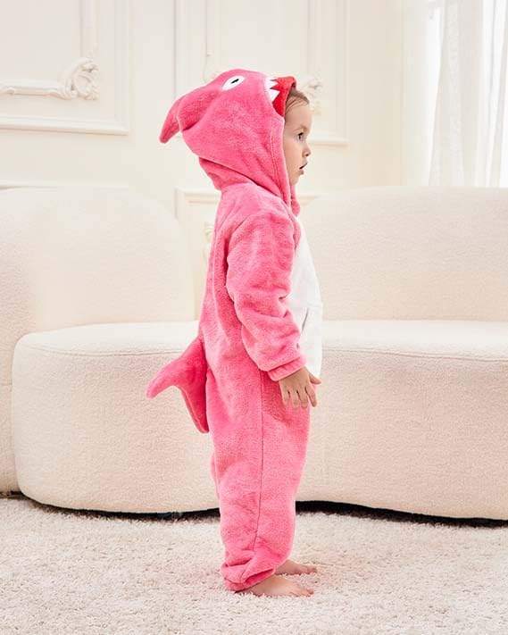 LOLANTA Kinder Hai Kostüm, Jungen Tier Flanell Strampler Overall mit Kapuze 1-2 Jahre Rosa, 1-2 Jahr