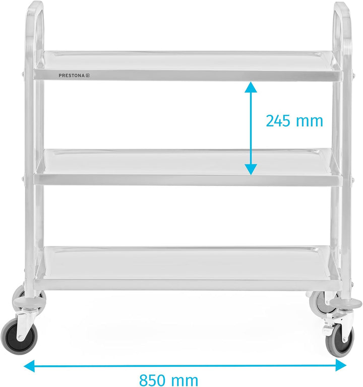 TECHNICA PRESTONA Servierwagen Edelstahl 3 Etagen mit Rollen & Bremse Quadratischer Griff 850x450x90