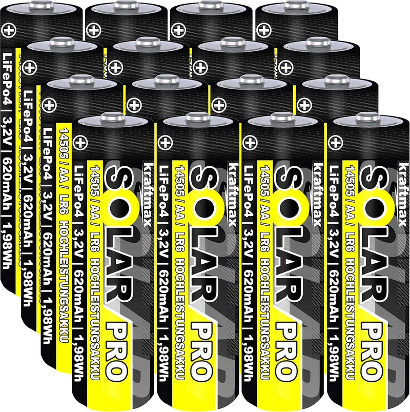 16 er Pack SOLAR pro Mignon AA Akkus - wiederaufladbare Batterien - 3,2V / 1,92Wh / 14505 - LiFePo4
