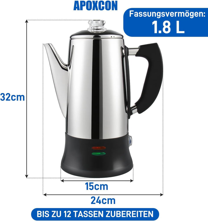 12-Tassen Elektro-Perkolator – CE-Zertifizierter Klassiker mit Schnellbrüh-System, Hitzebeständigem