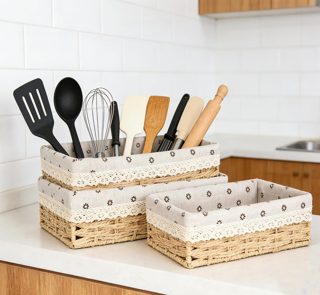 Gross Brotkorb 3er Set (35,31,27CM) Eckige Brotkörbchen aus Seegras, Geflochtener Korb mit Baumwolle