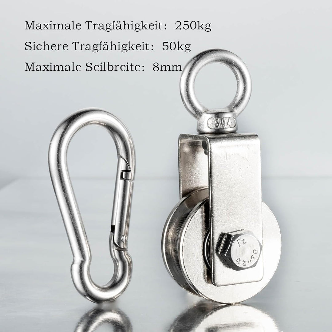 40mm Umlenkrolle mit 2 Kugellager, Edelstahl Fitness flaschenzug mit 10m Nylon Seile und Clip，Umlenk