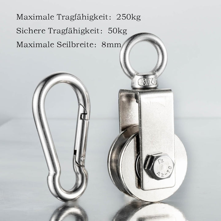 40mm Umlenkrolle mit 2 Kugellager, Edelstahl Fitness flaschenzug mit 10m Nylon Seile und Clip，Umlenk
