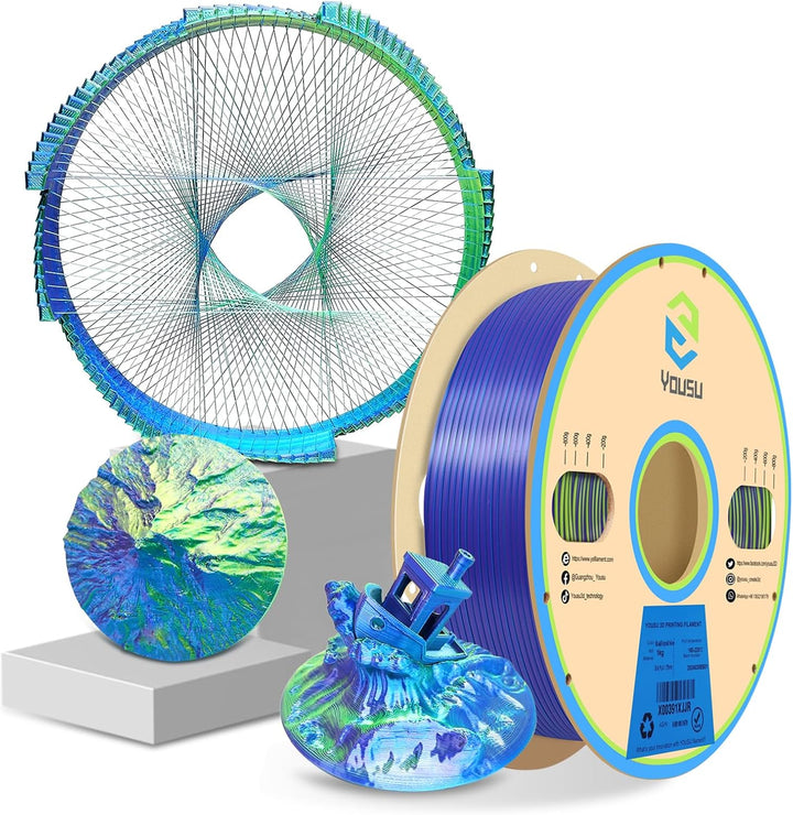 YOUSU Dreifarbiges PLA Filament,3D Drucker Filament 1,75 mm (± 0,03 mm), Seiden Blau/Lila/Gelb Dreif