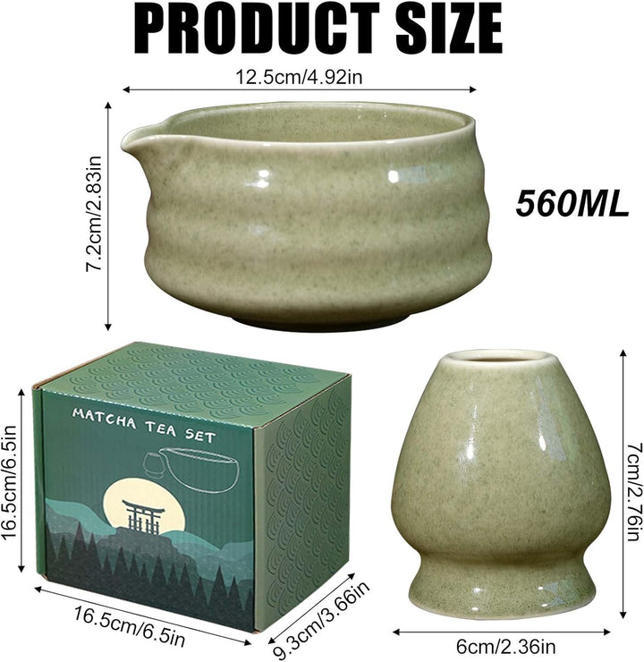 Japanische Matcha-Schale aus Keramik mit Ausgiesser, Ständer für Schneebesen und traditionellen Chaw