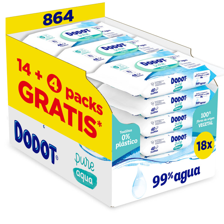 Dodot Pure Aqua Feuchttücher für Babys, 864 Tücher (18 Packungen mit 48 Stück) helfen den natürliche