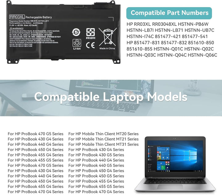 48Wh RR03XL Laptop Akku für HP ProBook 430 440 450 455 470 G4 G5 Mobile Thin Client MT20 MT21 MT31 H