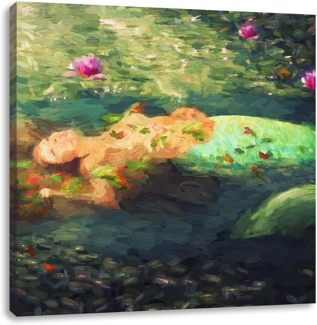 Pixxprint Schöne Meerjungfrau im Wasser liegend Pinsel Effekt, Format: 70x70 auf Leinwand, 70x70